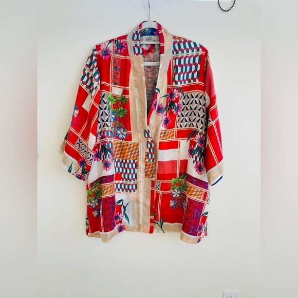 Johnny Was Blue Red multicolor floral printed Ridge Gianni reversible Kimono S - Picture 4 of 8